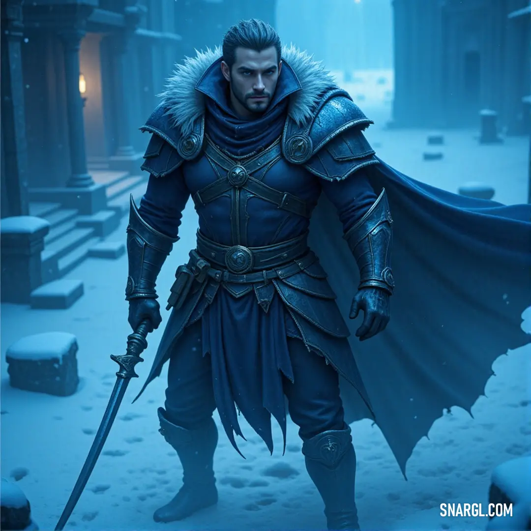 A lone warrior in blue stands in the heart of a snow-covered world, his sword ready, as the winter winds whip through the frozen landscape. A heroic figure in a striking blue outfit, holding a gleaming sword, stands alone in a vast snowy landscape. The chill of the winter air is palpable, as snowflakes drift down around him.