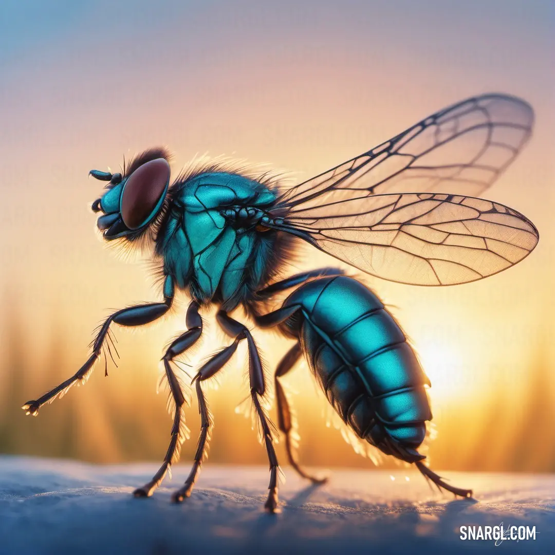 Blue fly on top of a white surface in front of a sunset sky with a blurry background