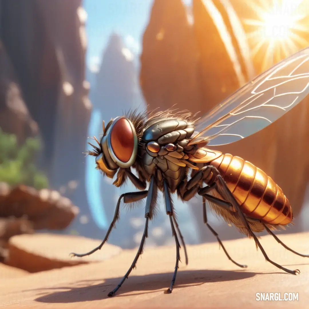 Close up of a fly on a rock with a sun in the background