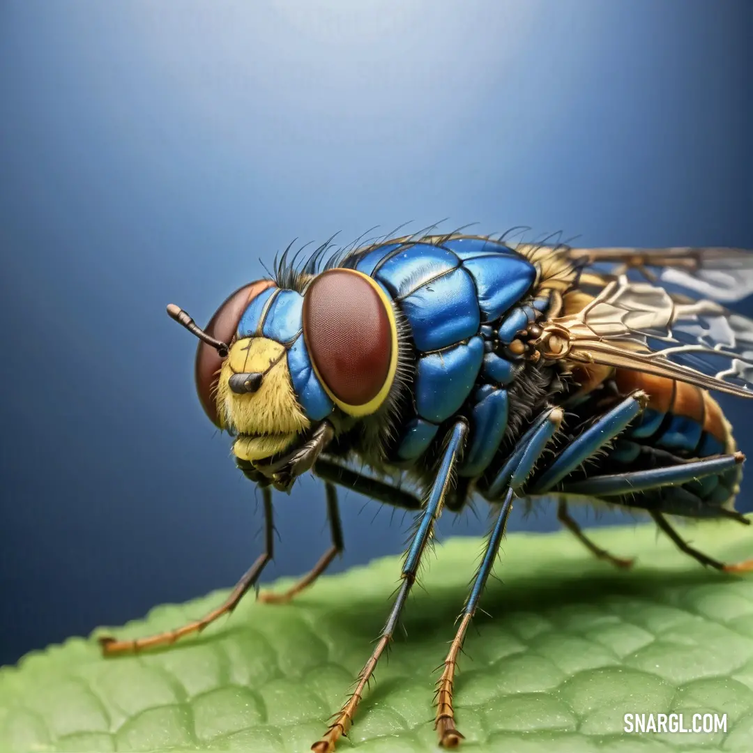 Close up of a fly on a leaf with a blue background