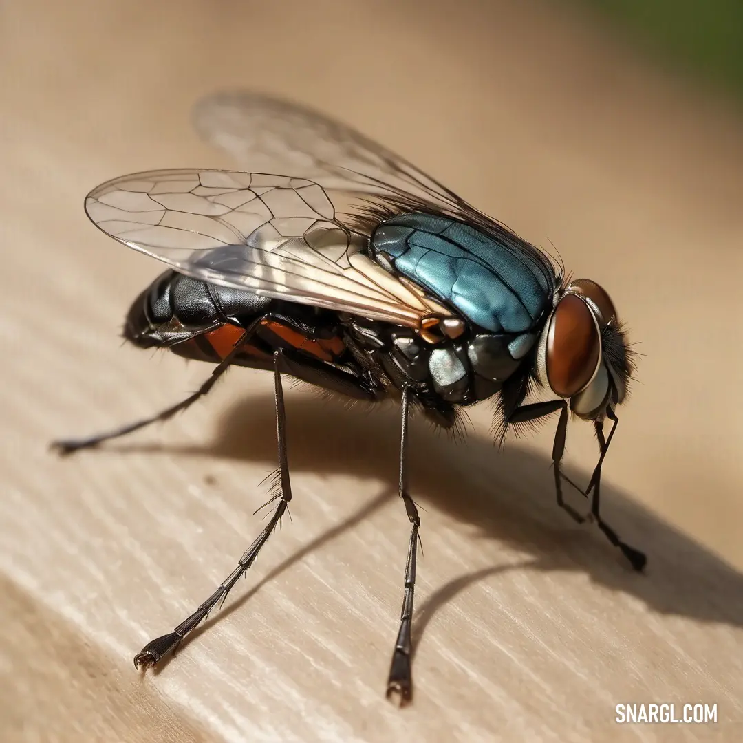 Close up of a fly on a wooden surface with a blurry background