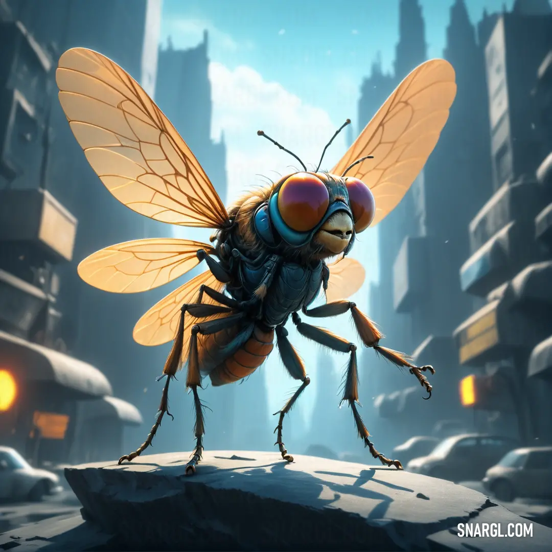Fly insect with large wings standing on a rock in a city setting with buildings and cars in the background