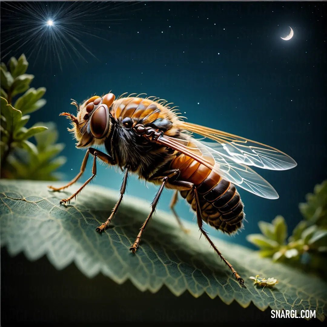 Fly on a leaf with a crescent moon in the background