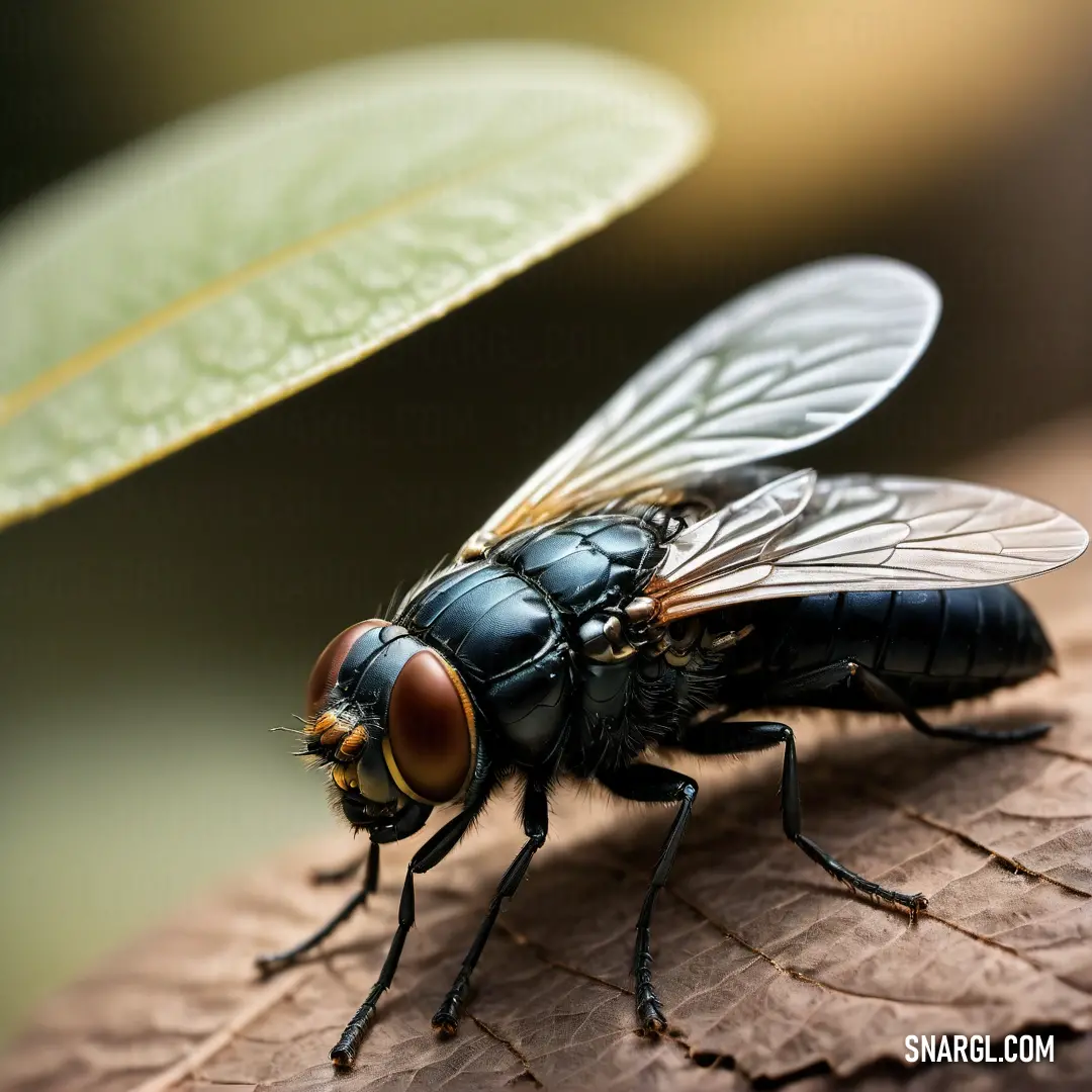 Fly on a leaf with a green leaf in the background