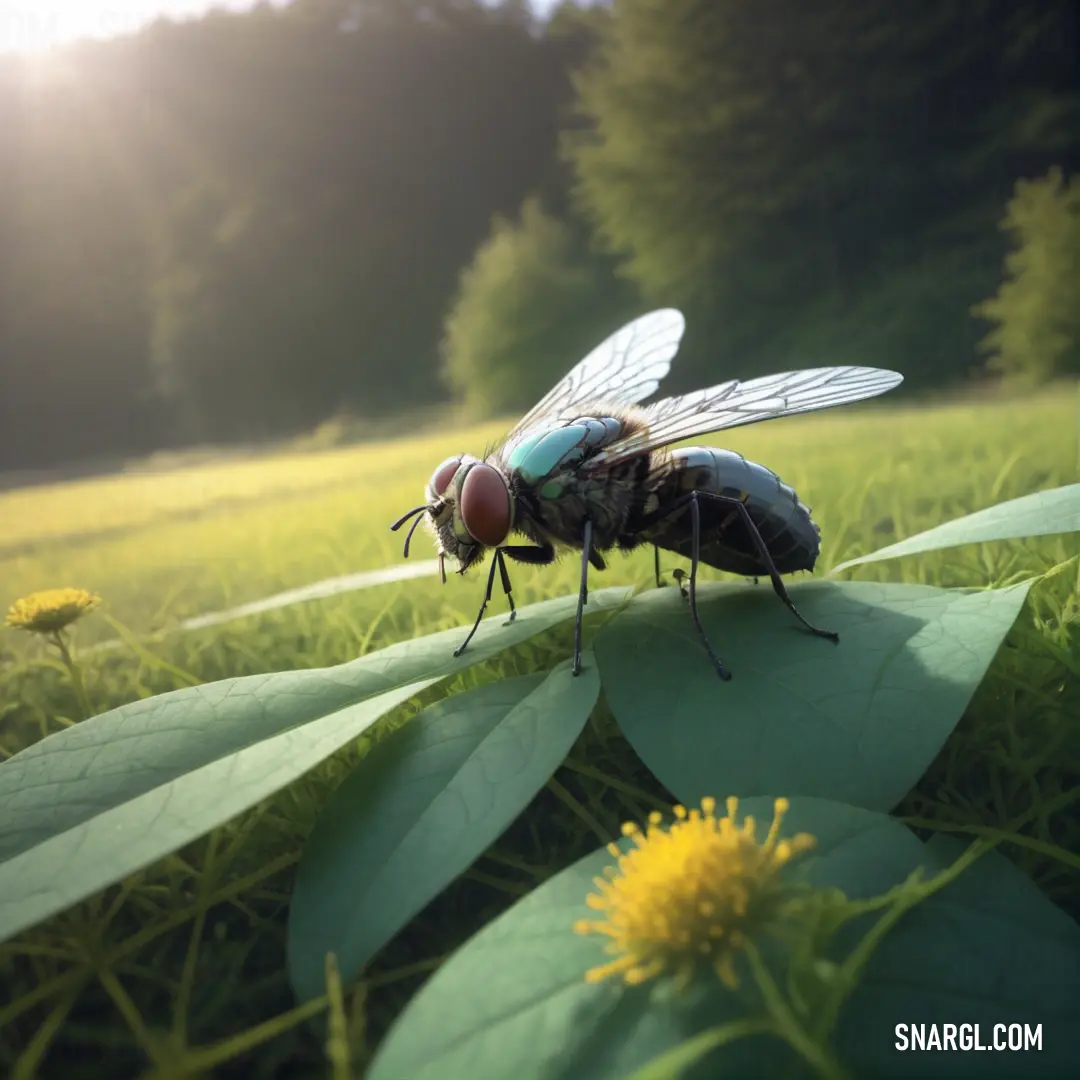 Fly on top of a green leaf covered field of grass and flowers in the sunlight