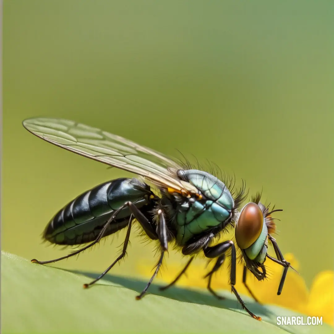 Fly on top of a green leaf next to a yellow flower on a green background