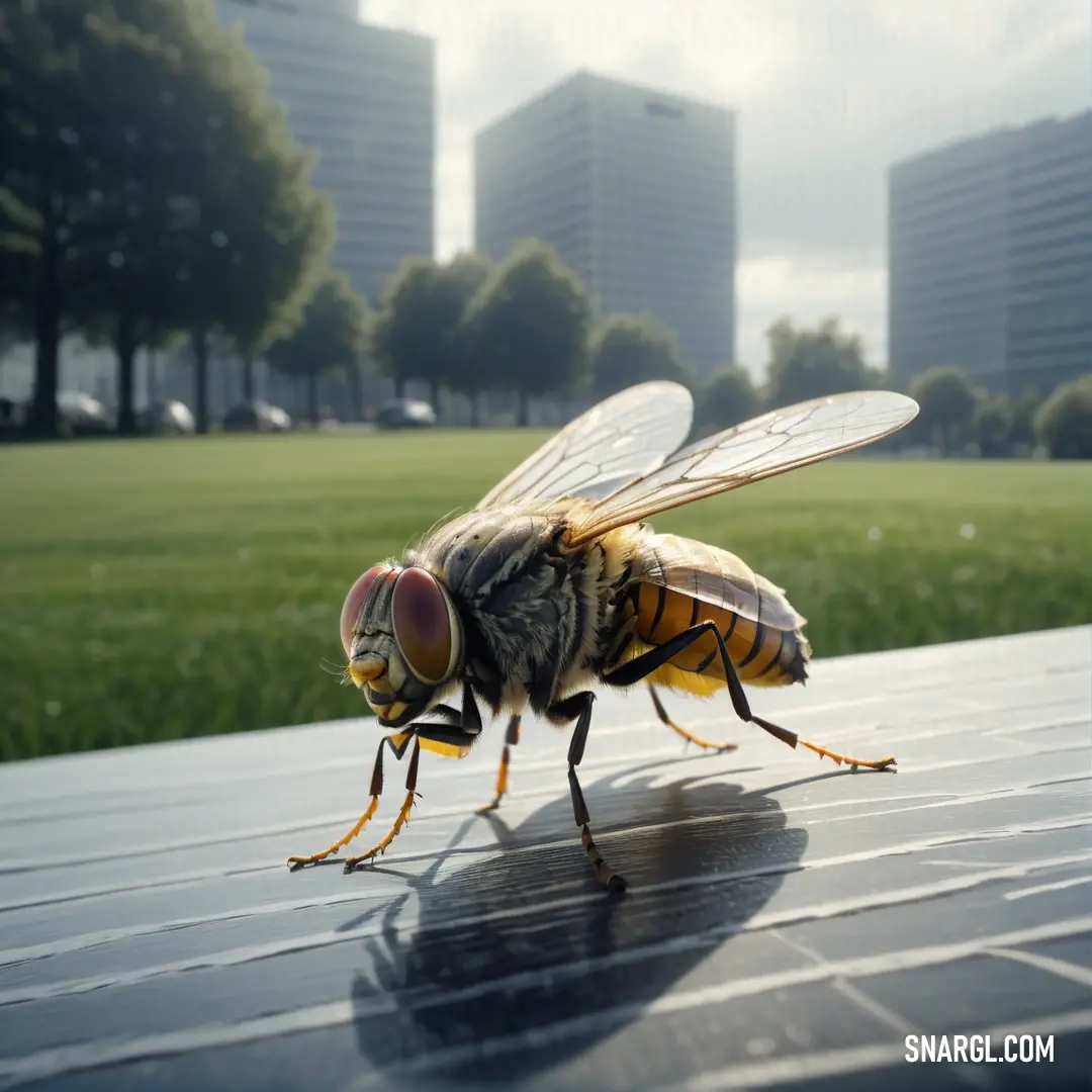 Fly on top of a metal table in a park area with buildings in the background