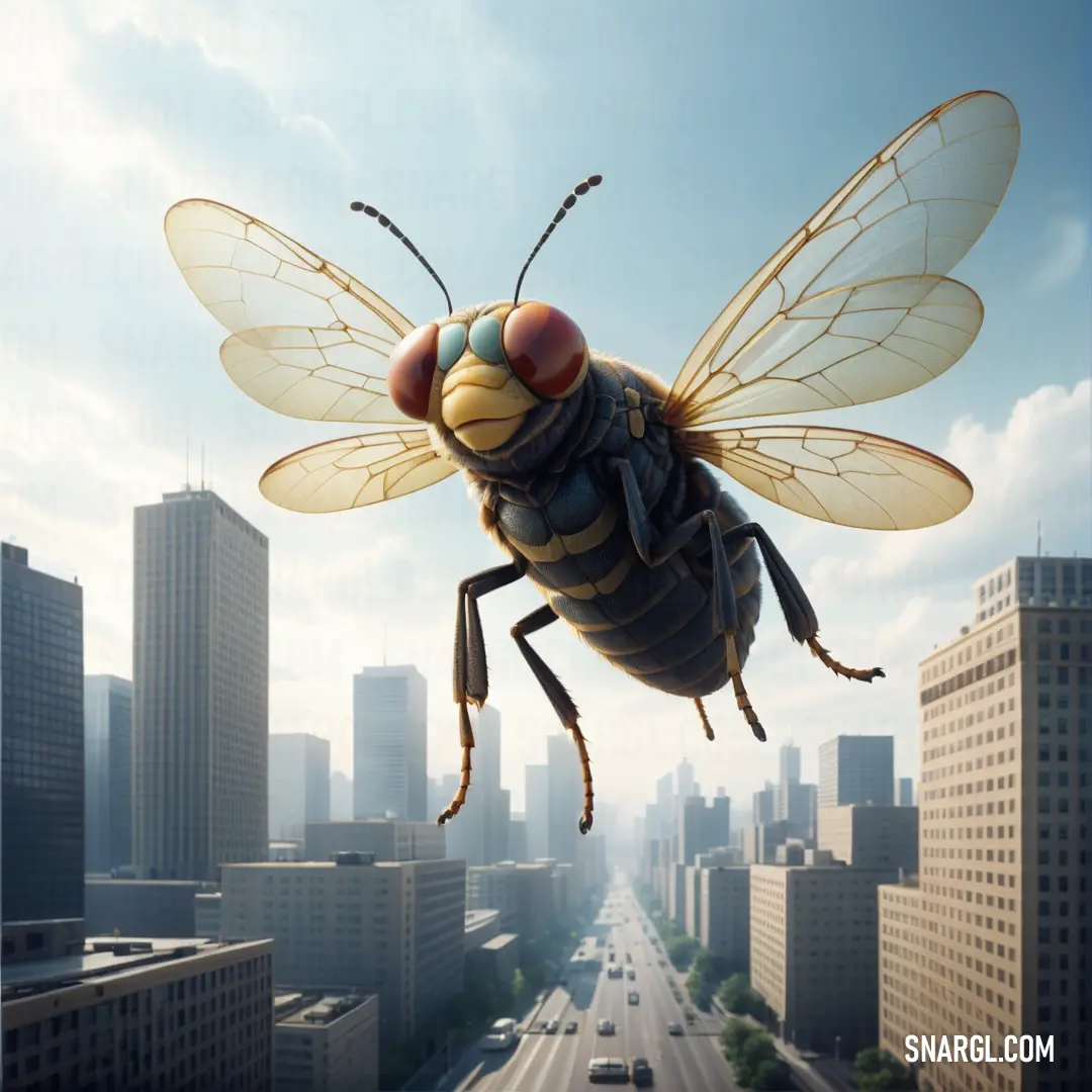 Large insect flying over a city with tall buildings in the background