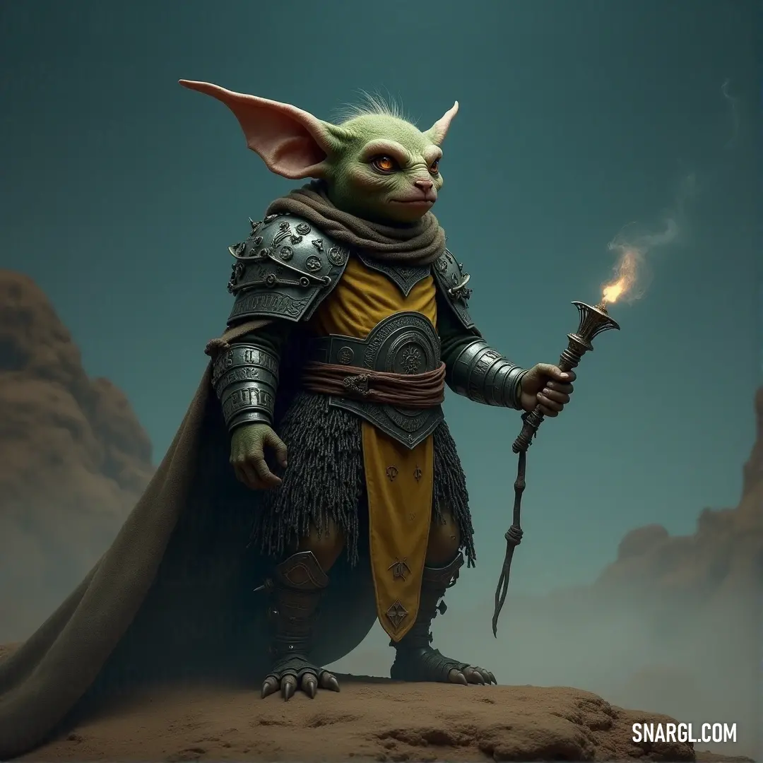 Gaff, wielding a sword and flame, stands defiant in the desert night, eyes set on an unknown future. Gaff, from the Star Wars universe, stands confidently, sword raised high, with a flame flickering in his hand. The desert wind rustles around him as his gaze pierces the night sky, filled with unknown possibilities.