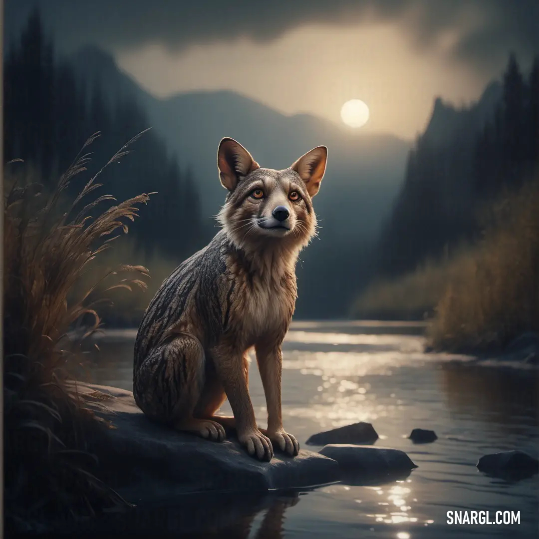 Painting of a fox on a rock in a river at night with the moon in the background