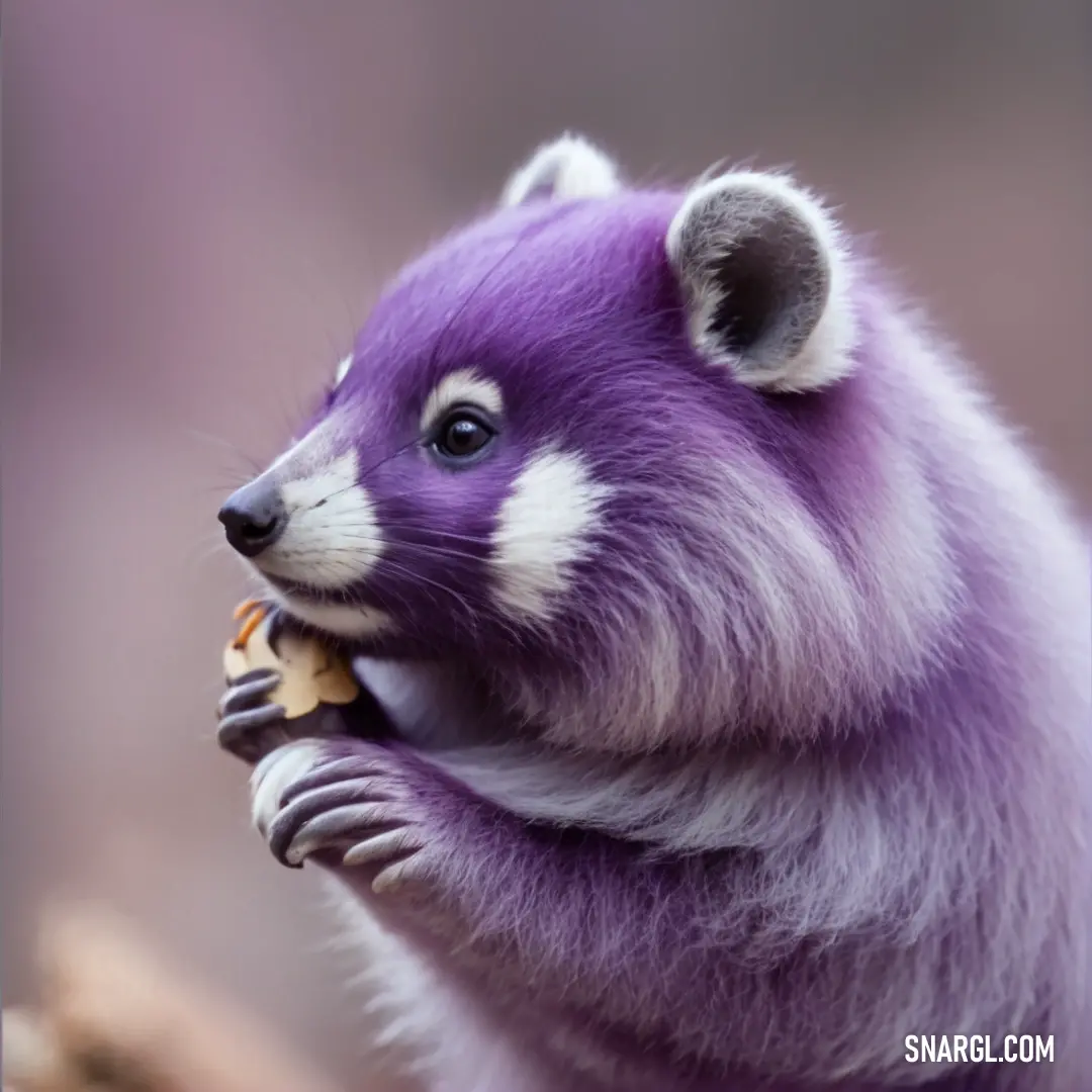 Purple and white Gaichka eating a piece of food on a branch of a tree in a forest area