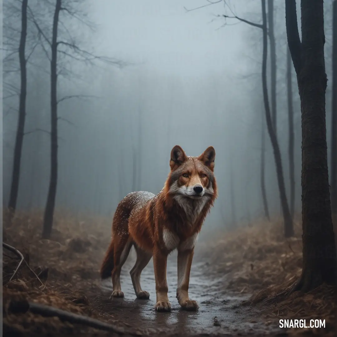 Red fox standing on a path in the woods in the foggy day with trees and leaves on the ground