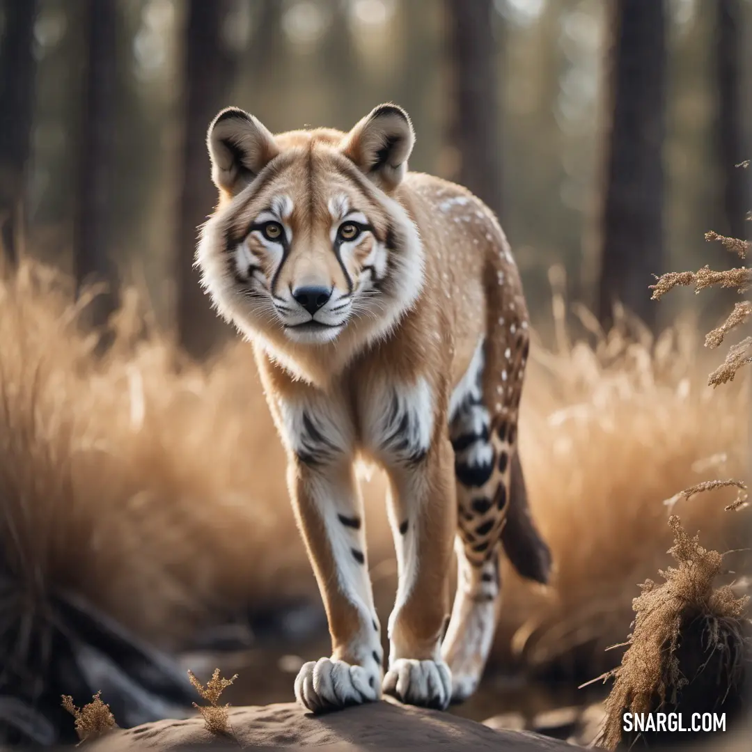 Small tiger walking through a forest filled with tall grass and trees, with a blurry background