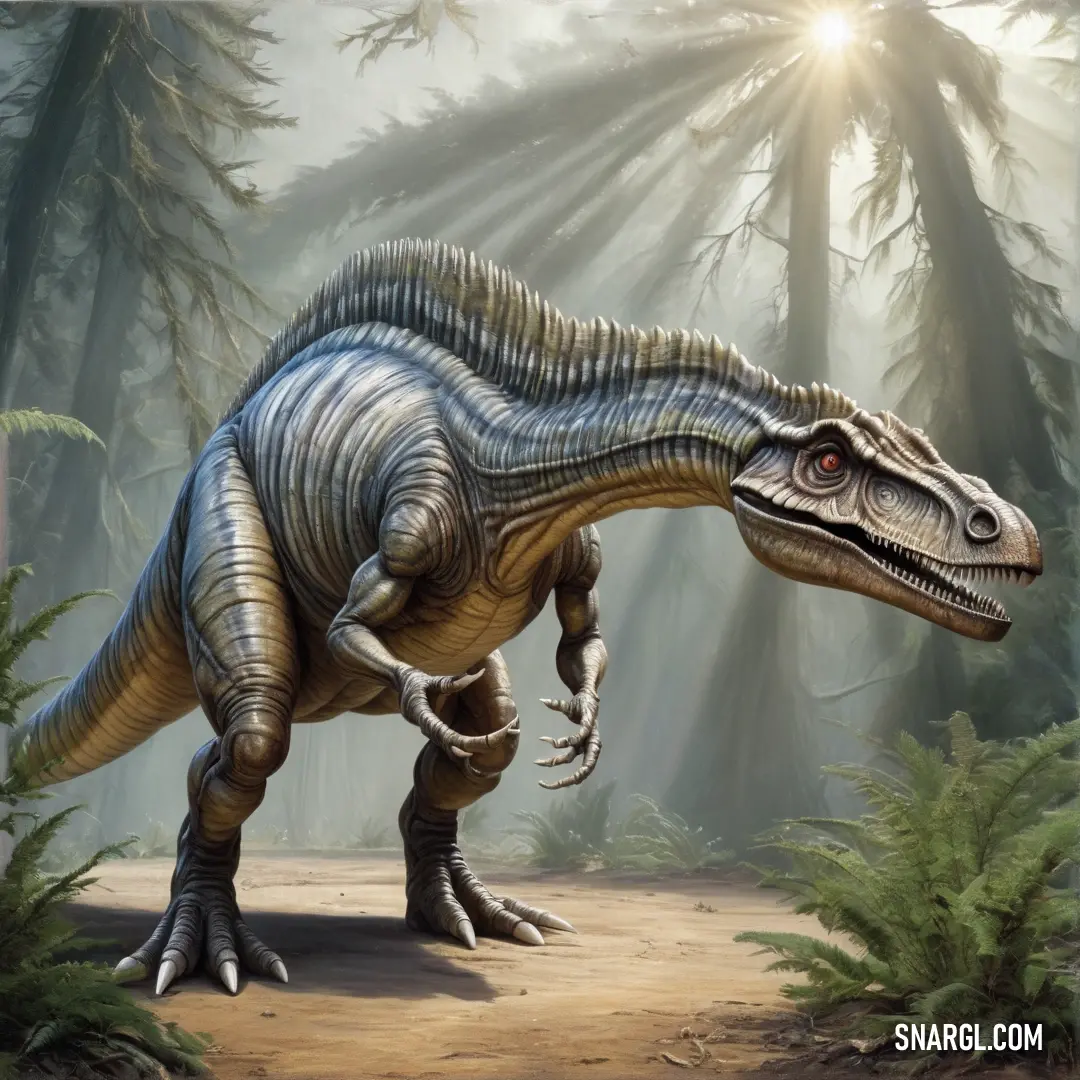 Gainosaurus walking through a forest filled with trees and plants