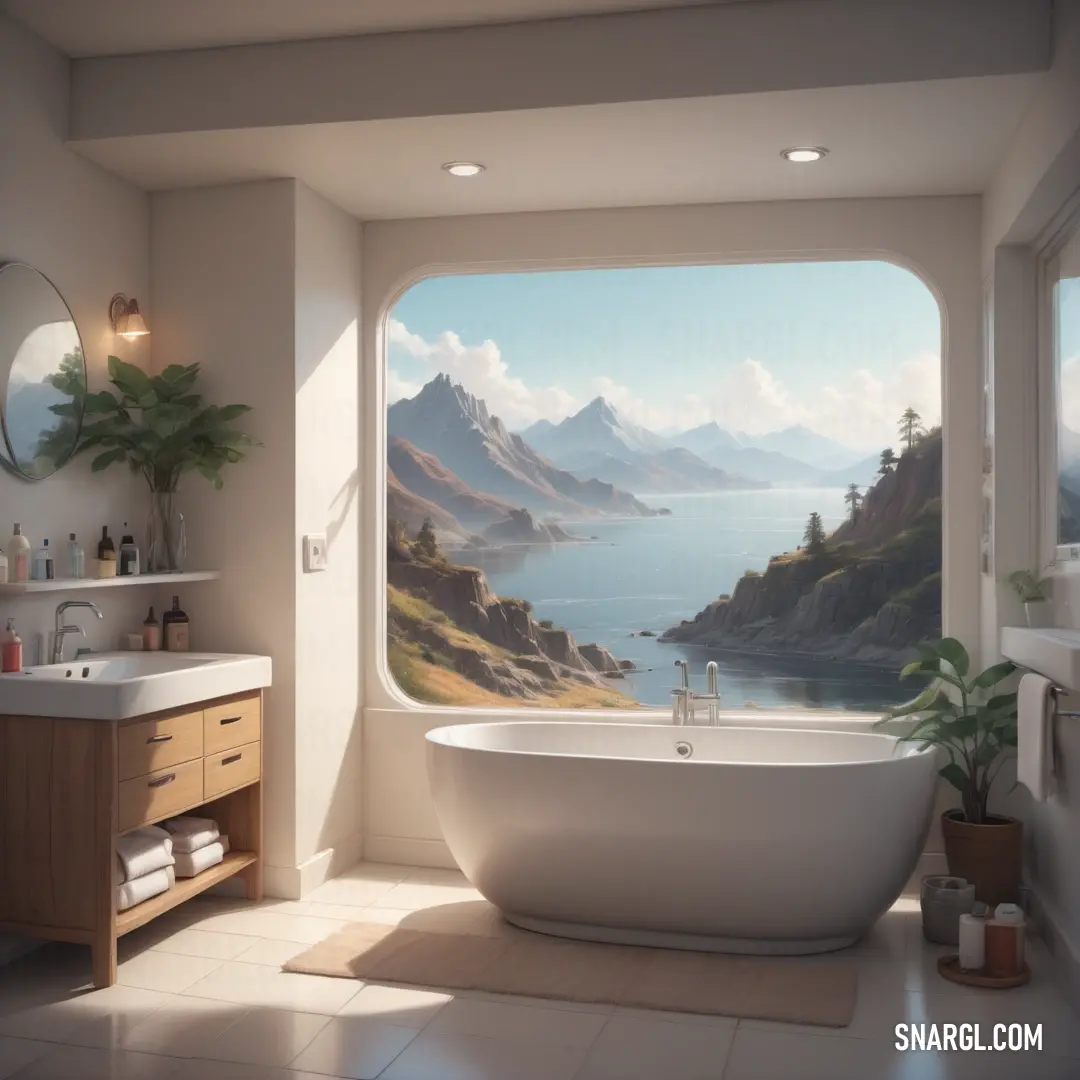 Bathroom with a large window overlooking a lake and mountains is shown in this image. Example of Gainsboro color.