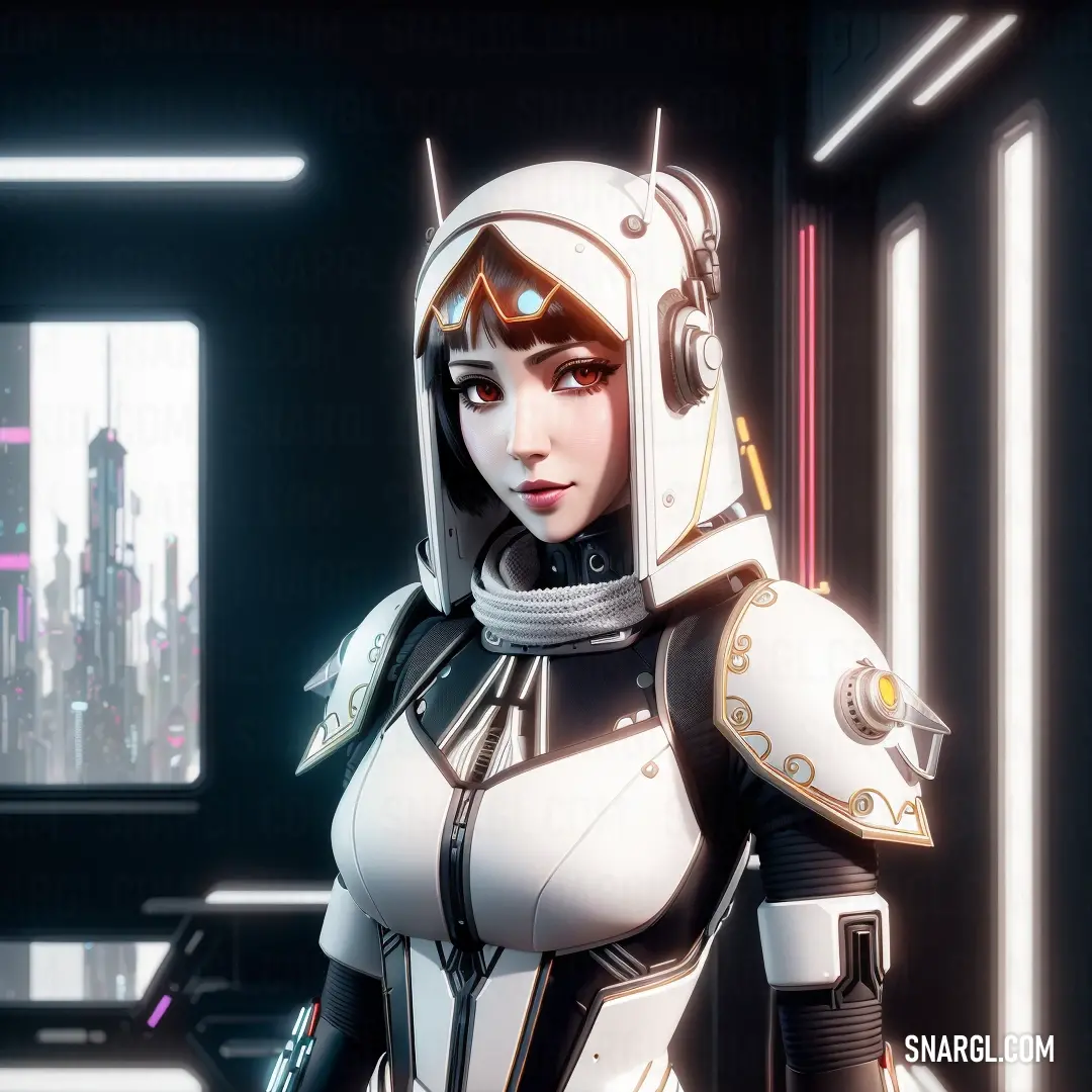 Woman in a futuristic suit standing in a room with a city in the background. Example of Gainsboro color.
