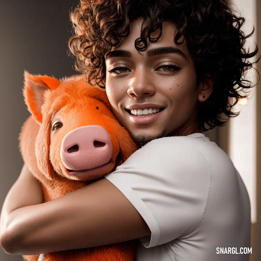 Man holding a pig in his arms and smiling at the camera with a smile on his face and a white shirt. Color CMYK 0,0,0,14.