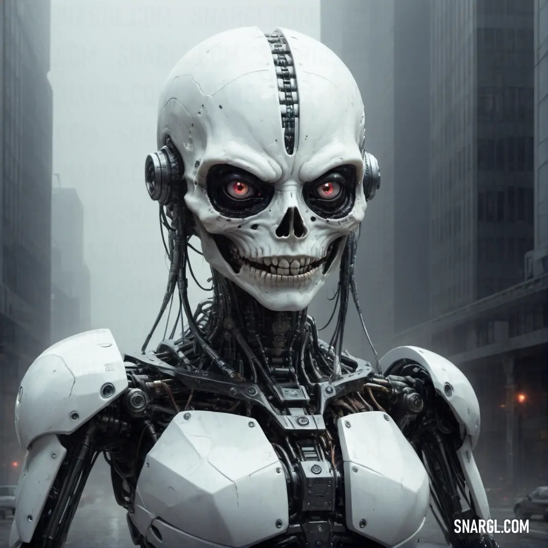 Robot with a skull face and headphones on in a city street with tall buildings and skyscrapers