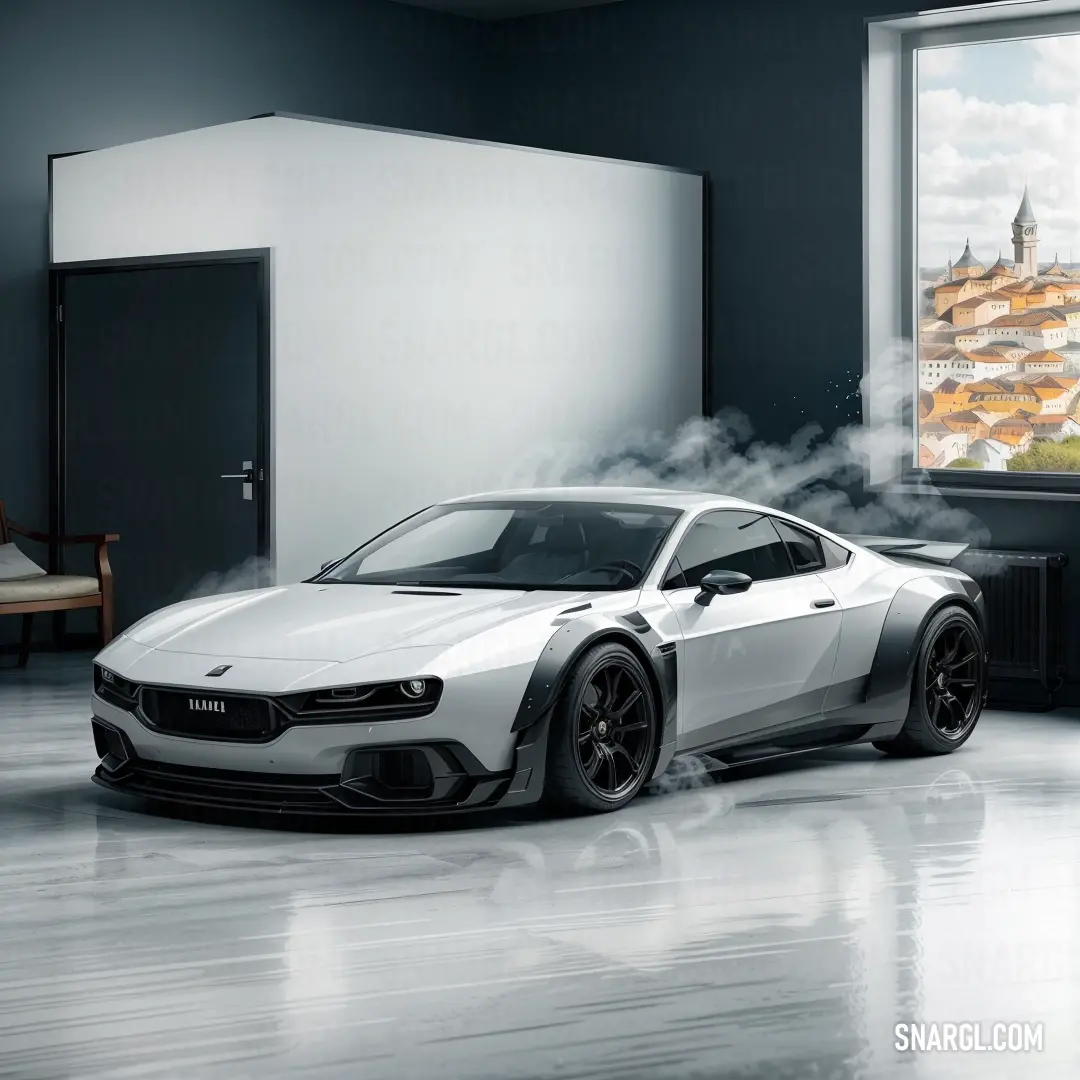 White sports car is shown in a room with a window and a view of a city through the smoke. Example of CMYK 0,0,0,14 color.