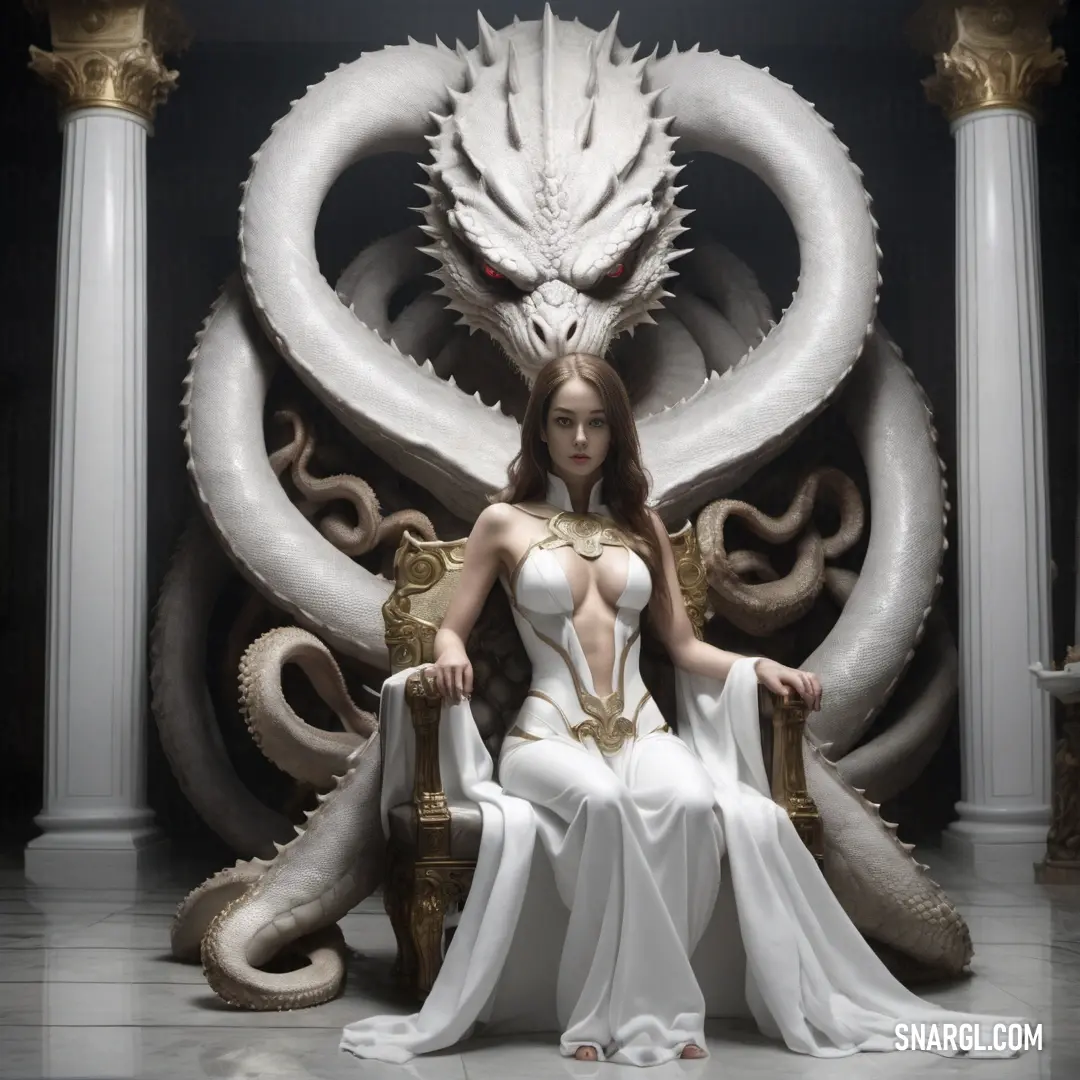 Woman on a throne with a dragon on it's back and a dragon on the wall behind her