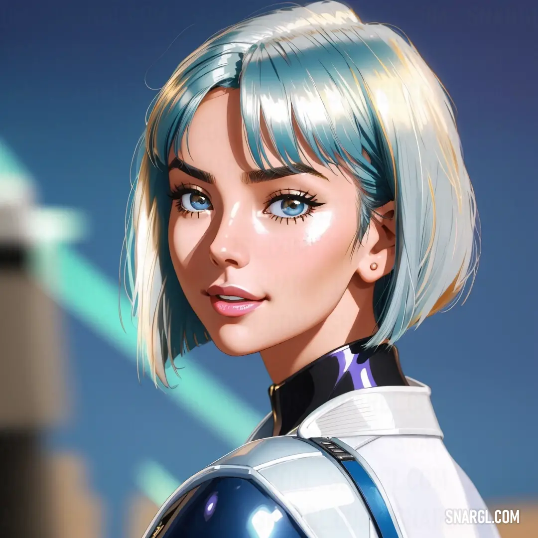 Woman with blue hair and a futuristic suit on