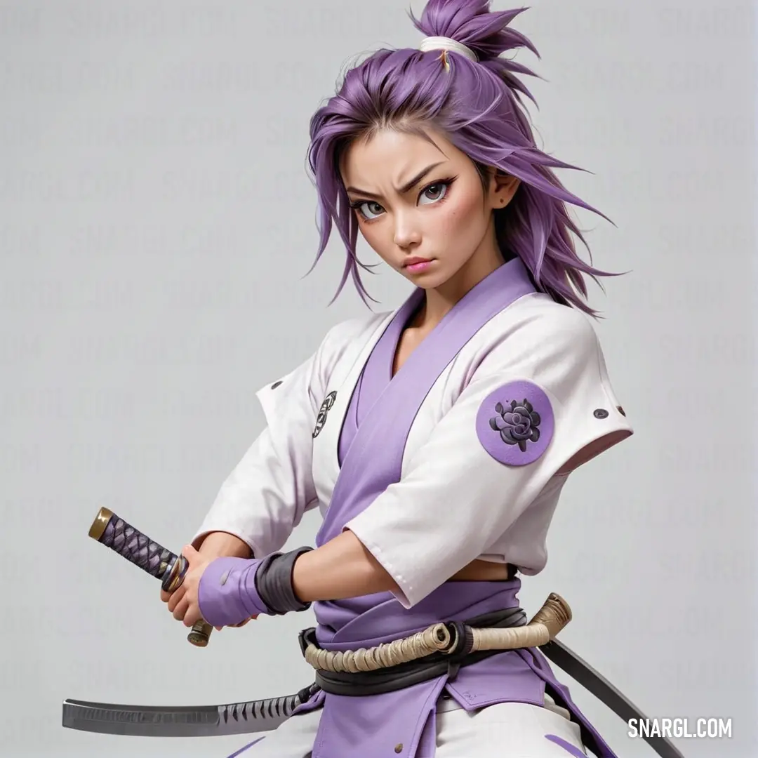 Woman with purple hair holding a sword and wearing a purple outfit with white sleeves. Example of #DCDCDC color.
