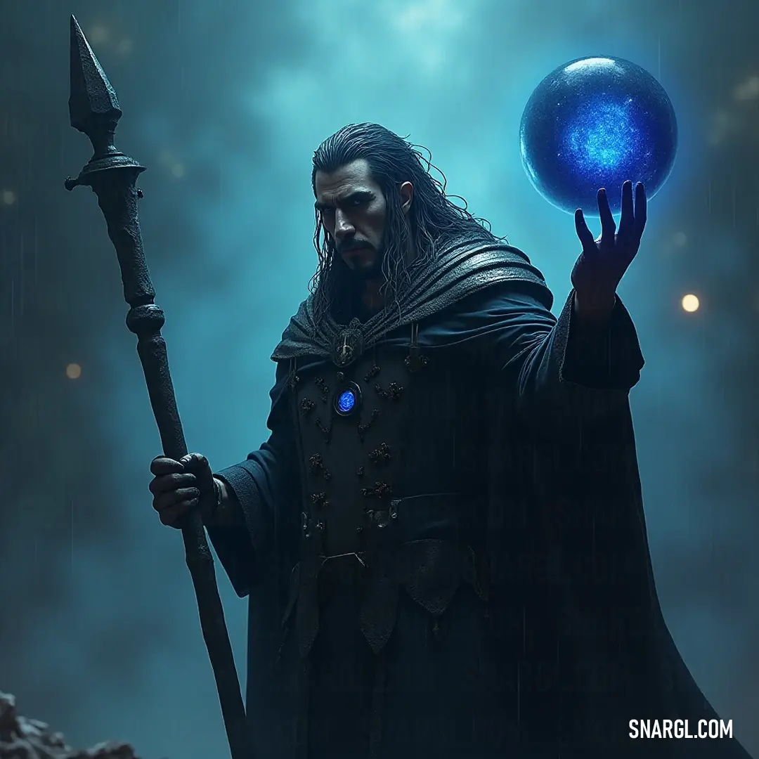 In the depths of darkness, a galactic mage cloaked in a flowing black robe boldly grips a radiant blue sphere in one hand and a staff in the other, embodying the delicate balance of light and dark in the realm of magic. In the depths of darkness, a galactic mage cloaked in a flowing black robe grips a radiant blue sphere in one hand and a staff in the other, standing poised in the shadows, embodying the balance of light and dark in the realm of magic.