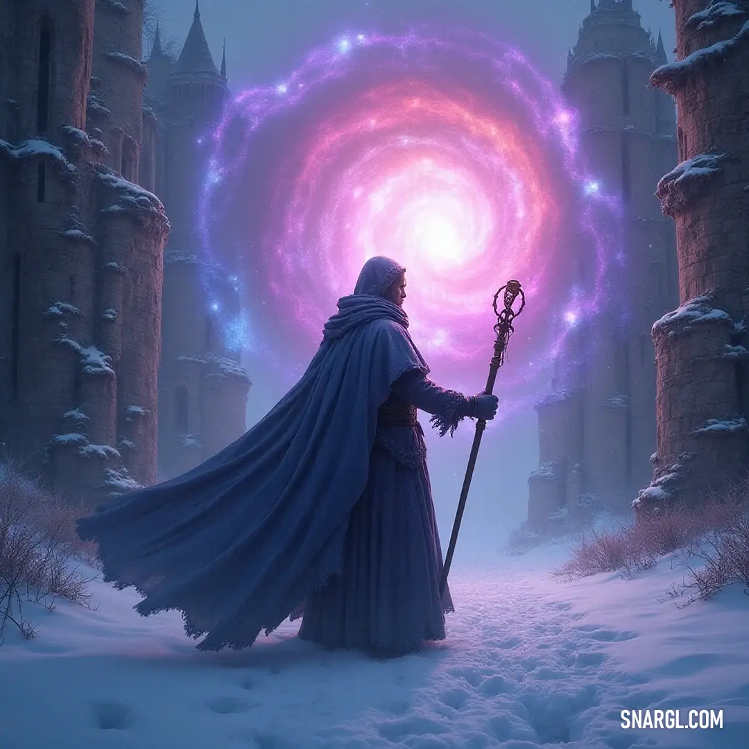 Galactic mage commanding the cosmos, holding a radiant orb and staff in an ethereal snowy landscape sparkling with endless possibilities. In a serene snowy landscape, a galactic mage robed in celestial blue and silver stands resolute, clutching a staff crowned with a radiant orb, embodying the cosmic energy of the universe amidst sparkling snowflakes in the air.