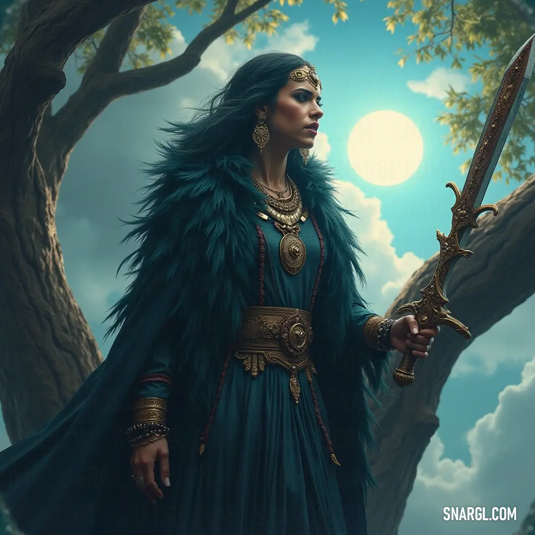 A powerful Galactic Priestess in a vivid green dress standing with a sword under a full moon. A powerful Galactic Priestess draped in a vivid green dress stands poised with a shining sword, framed by a majestic tree and the full moon, creating a striking image of strength and mystery under the night sky.