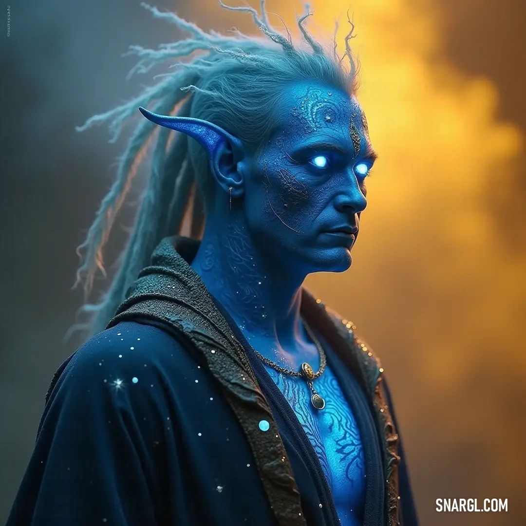 The Galactic Seer takes a powerful stance, adorned with dazzling blue features and horns, commanding the electric forces of the universe as lightning dances around him. Enigmatic and powerful, the Galactic Seer stands against a tempestuous backdrop, characterized by vibrant blue makeup and magnificent blue hair adorned with striking horns, embodying both divinity and authority amidst electrifying energy.