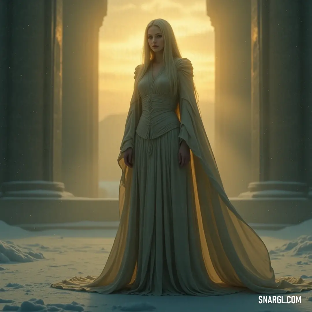 In a serene snowy landscape, a Galactic Sorceress in a long dress stands with her face softly illuminated, with a towering pillar in the background symbolizing ancient wisdom. Amidst a serene snowy setting, a Galactic Sorceress in a flowing long dress stands gracefully, her face illuminated by soft light. A majestic pillar rises in the background, echoing ancient tales of wisdom and strength.