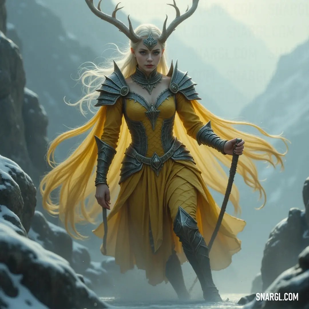 A regal figure adorned in golden yellow stands resolutely against the backdrop of a breathtaking snow-covered landscape, holding a staff that exudes a sense of majesty and strength. An elegant figure draped in a soft yellow garment, wielding a staff while standing amidst a pristine snowy landscape, with majestic mountains rising in the background.