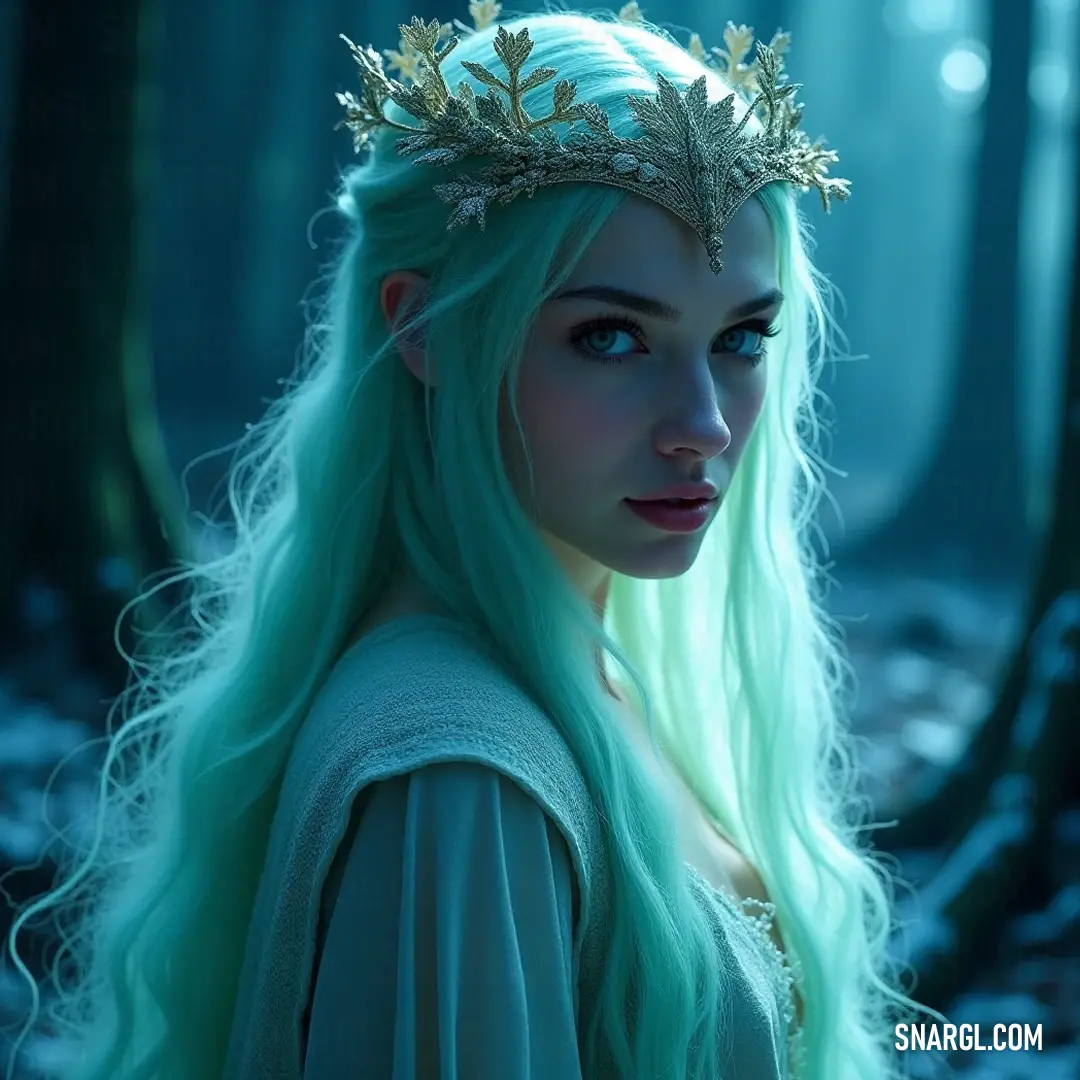 Amidst a serene woodland, a regal figure with flowing green hair gazes thoughtfully, crowned with a delicate headpiece. The surrounding trees whisper ancient tales, creating a magical atmosphere.