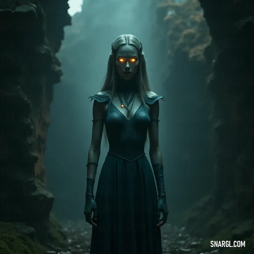 An enchanting presence emerges from the depths of a dark forest, adorned in a flowing dress as glowing eyes pierce the veil of shadows surrounding her. A mesmerizing figure in a long dark dress with glowing eyes, shrouded in the mystical ambience of a shadowy forest alive with ethereal light and ancient trees.