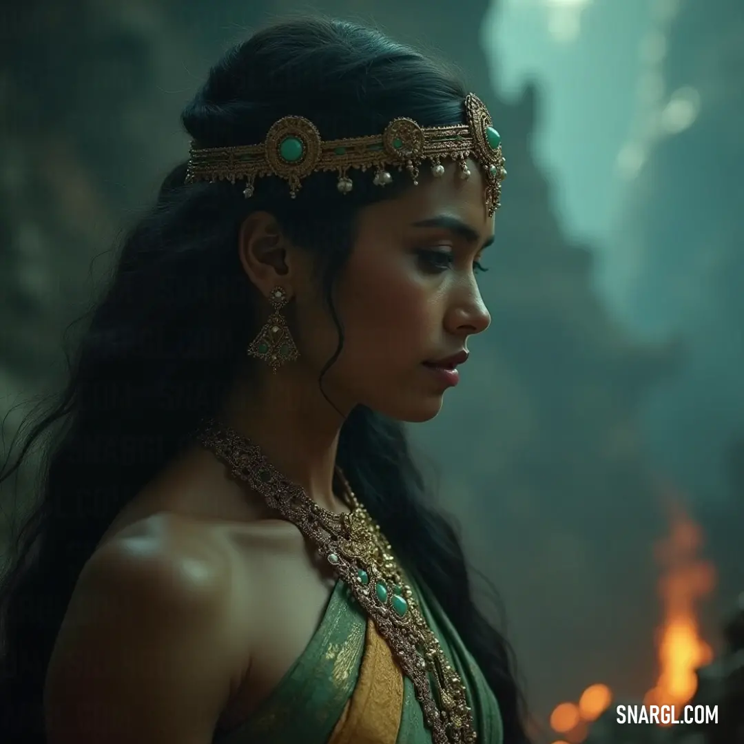 A stunning figure in a vibrant green gown, adorned with delicate gold jewelry, exudes an elegant aura, symbolizing harmony with the earth and nature's exquisite beauty. A radiant figure adorned in a rich green dress, complemented by intricate gold accessories, stands confidently, showcasing an inherent connection to nature's elegance.