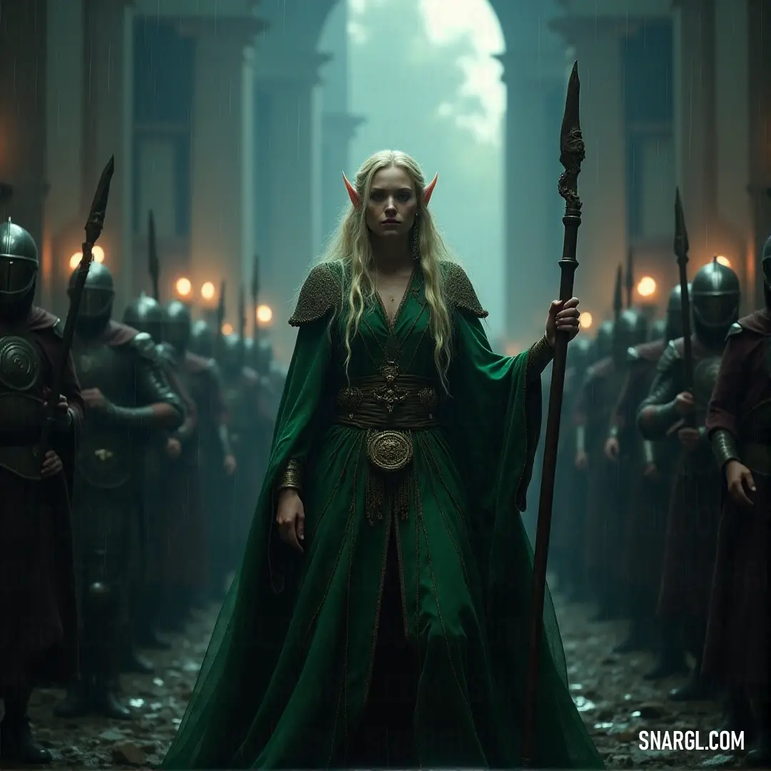 A powerful woman in an elegant green gown stands proudly in front of a group of armored men, some holding spears, others with swords. Their collective presence exudes strength and unity in the face of an unknown challenge.