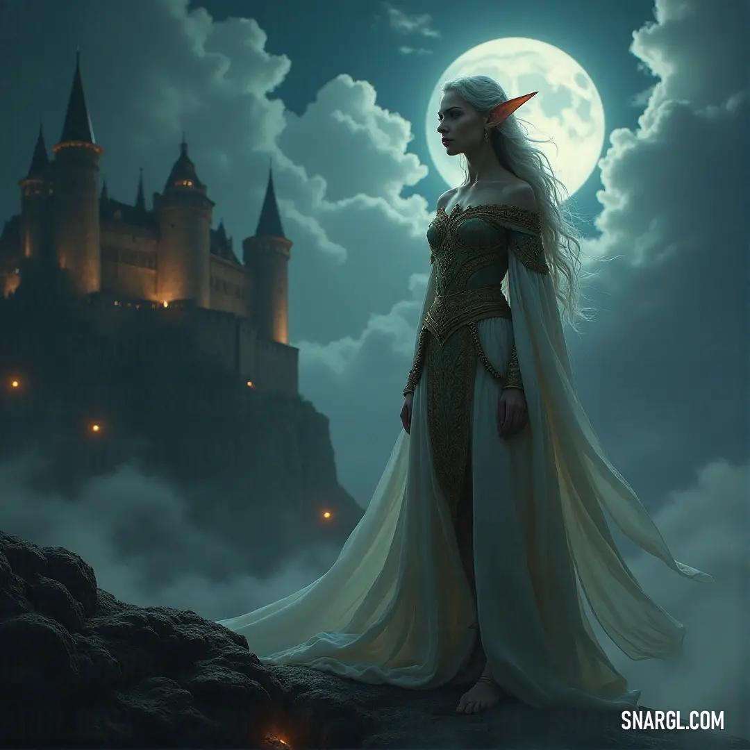 A graceful figure in a flowing white dress stands on a rocky outcrop, overlooking a grand castle as the full moon illuminates the night sky, casting an ethereal glow over the scene.