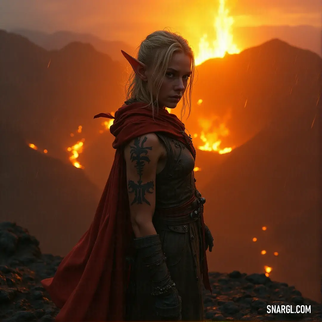 A woman in a striking red cape, her head wrapped in a matching red cloak, stands in front of a towering mountain. The glow of a distant fire lights up the snowy landscape, creating an intense and dramatic backdrop.