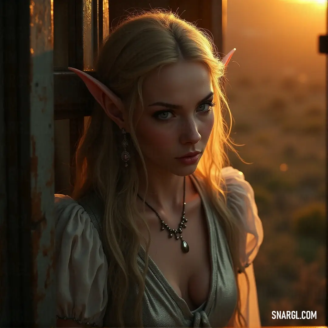 A serene figure with long flowing blonde hair and elfin ears gazes out a large window, watching the vibrant hues of a sunset stretch across the sky, her expression thoughtful and tranquil as the day's light fades away.