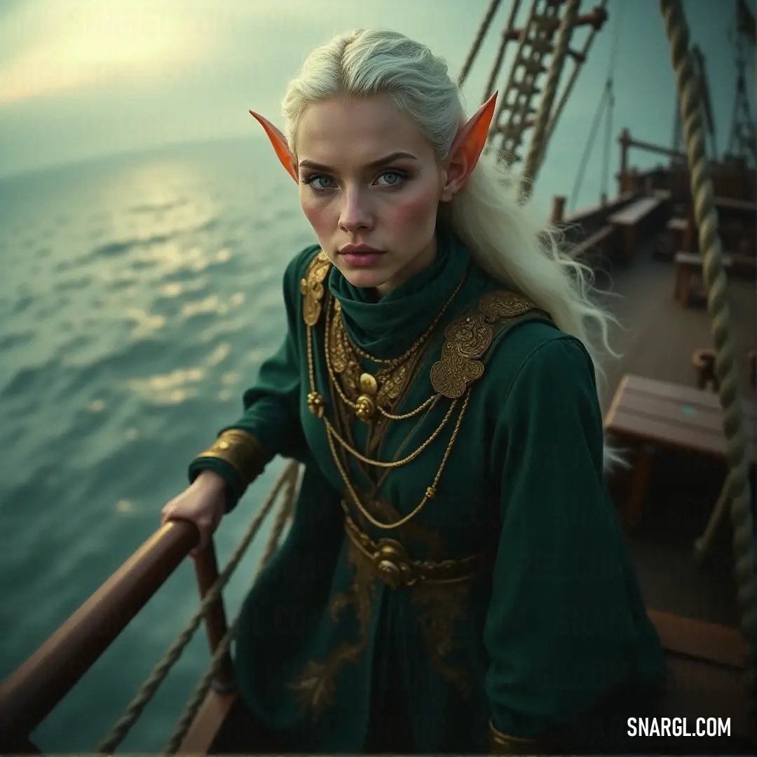 A woman with flowing white hair and elegant horns stands aboard a boat on the open ocean. Her green outfit and gold jewelry shimmer in the sunlight, symbolizing her connection to both nature and the sea.