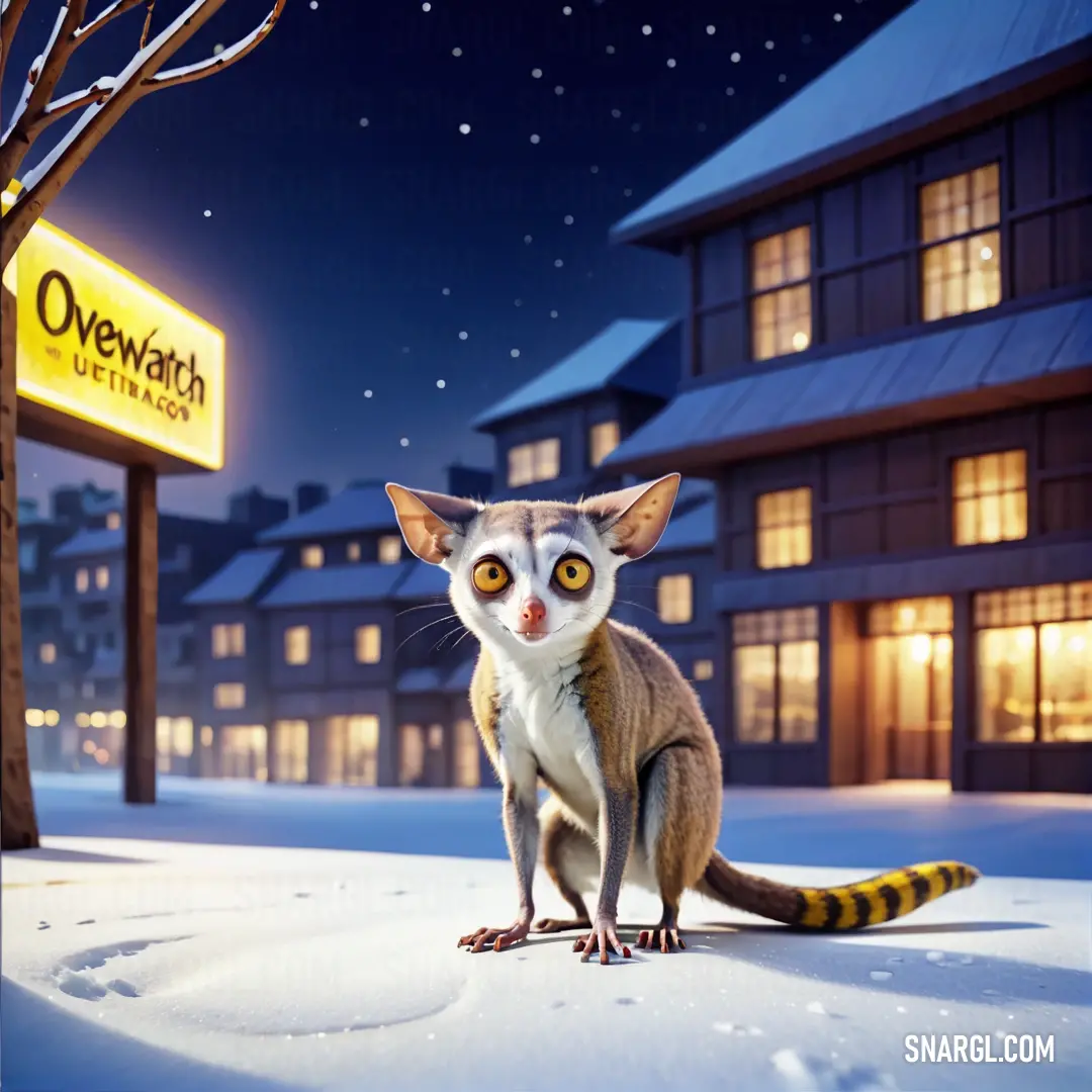 Galago is standing in the snow in front of a building at night with a sign that says overwatch