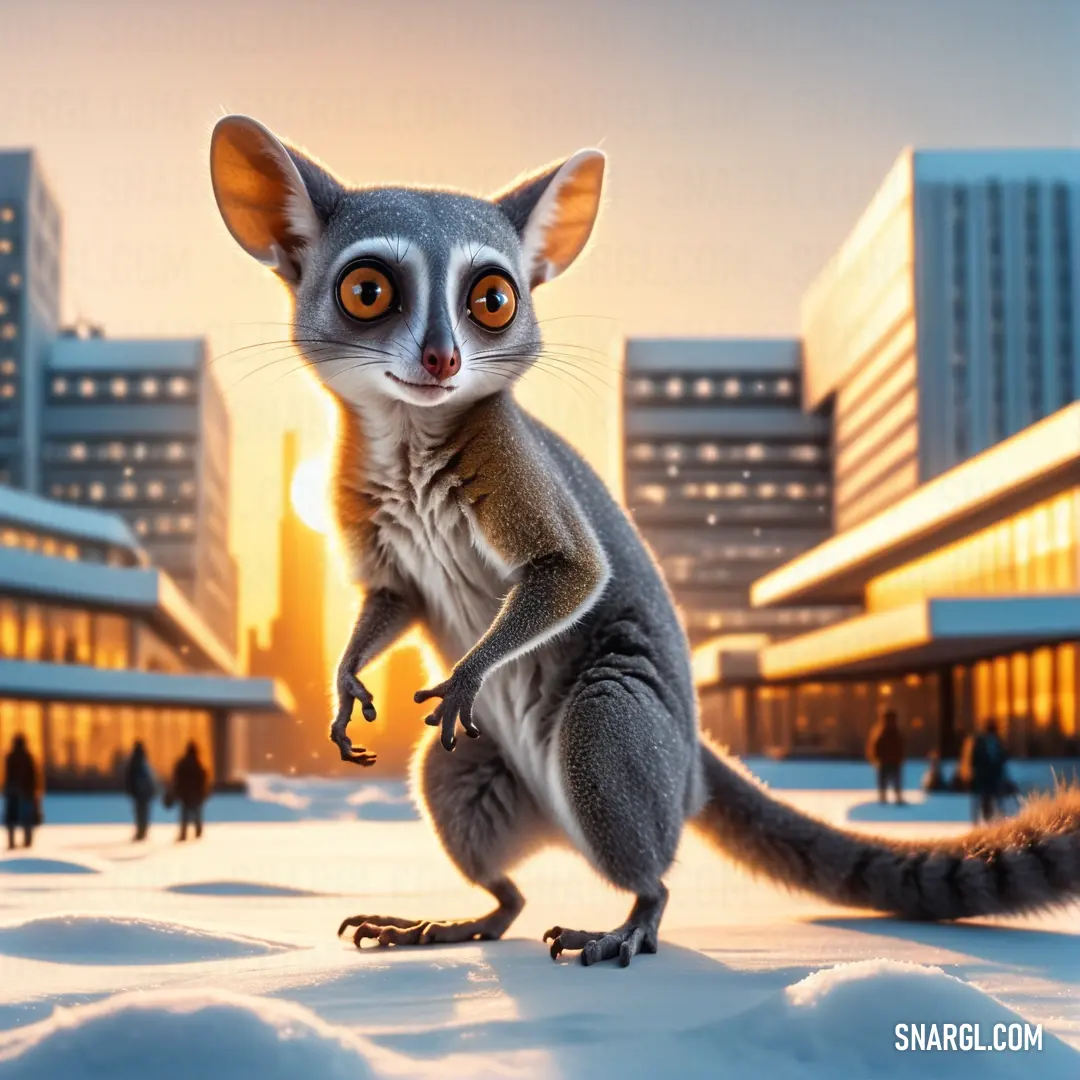 Lemura standing on its hind legs in the snow in front of a cityscape with buildings