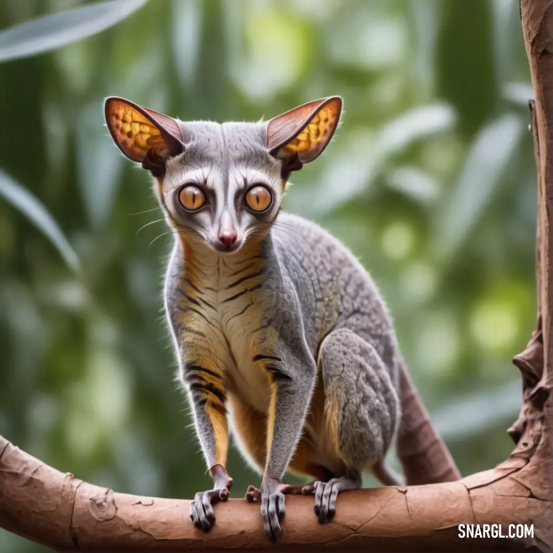 Small Galago on a branch in a tree with leaves in the background