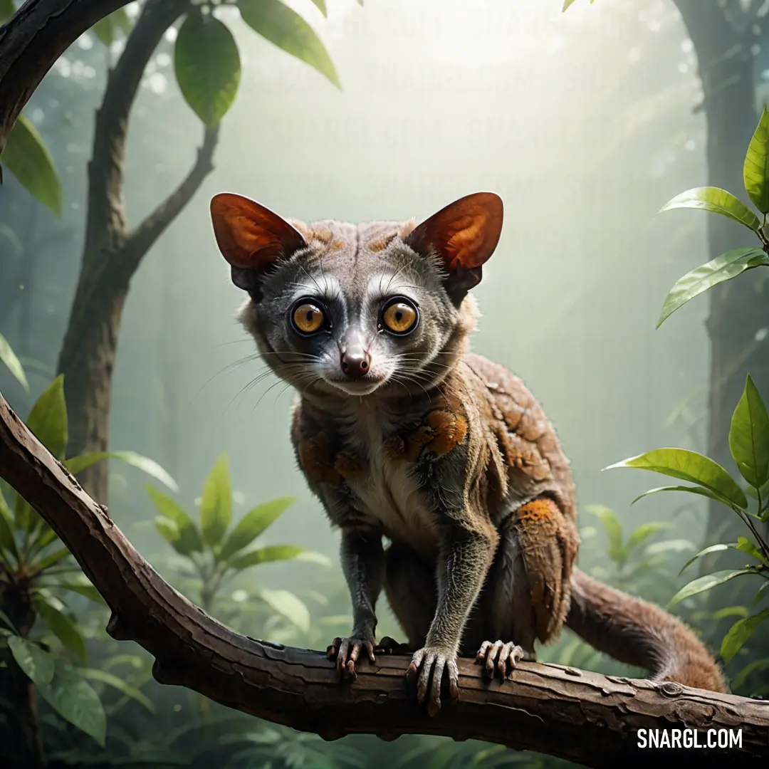 Small Galago on a tree branch in a forest with green leaves and sunlight shining through the trees