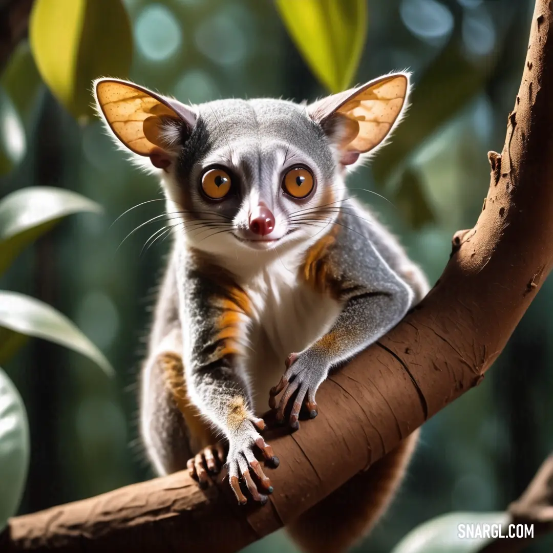 Small Galago on a tree branch with leaves in the background