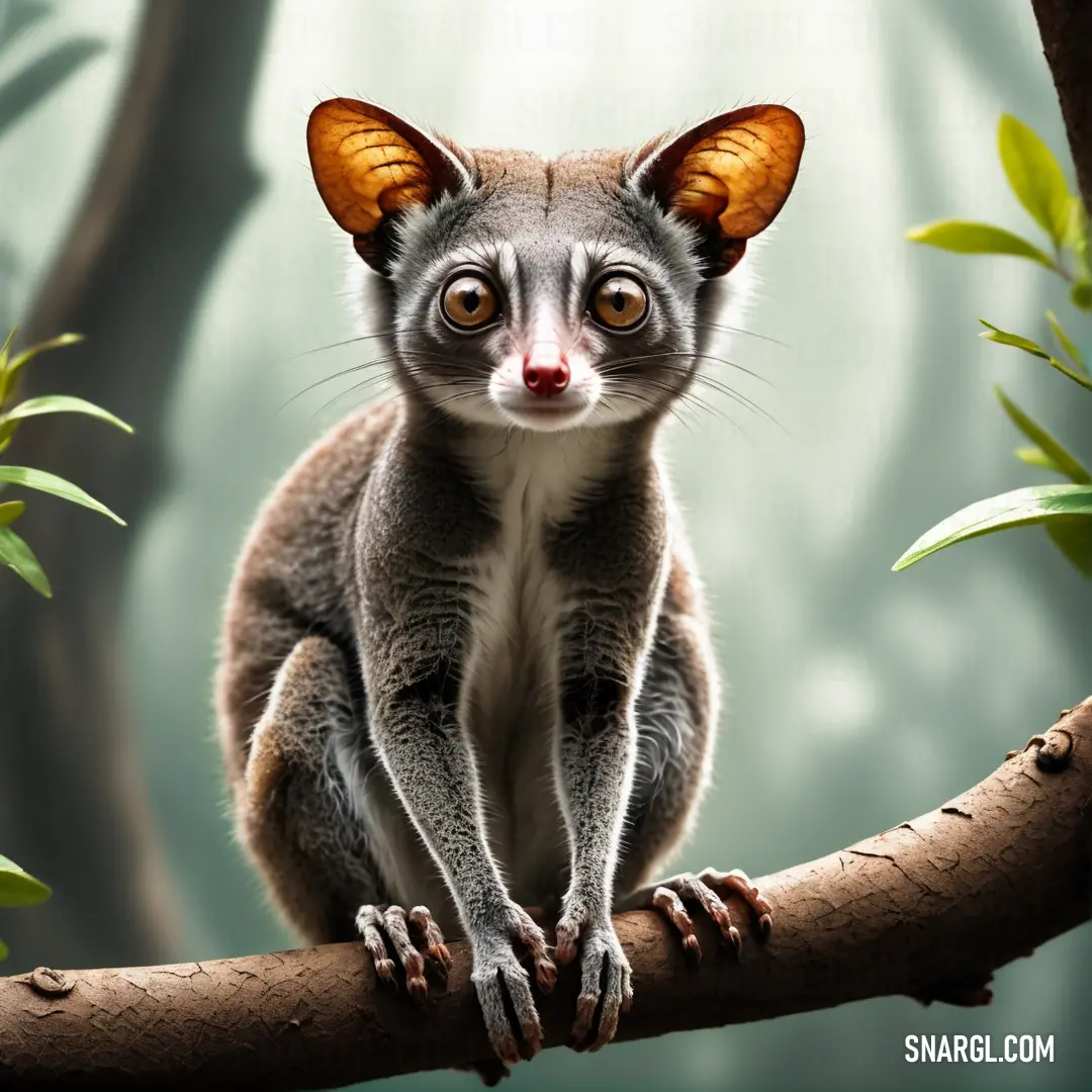 Small Galago on a tree branch in a forest with leaves and a light background