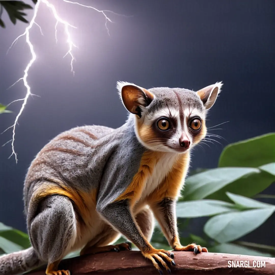 Small Galago on top of a tree branch under a lightning bolt in the sky above a forest