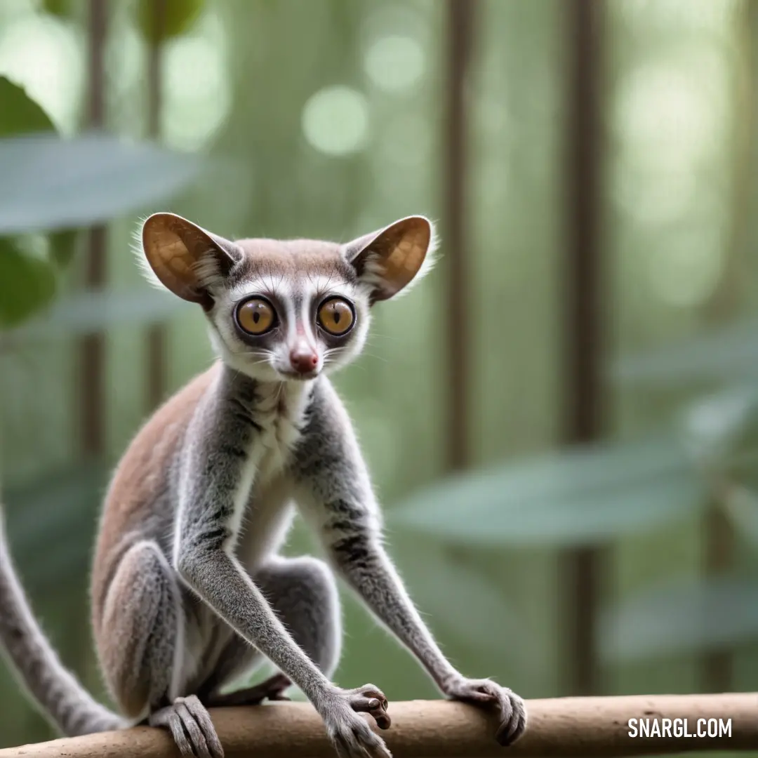 Small Galago on top of a wooden branch in a forest with lots of trees in the background