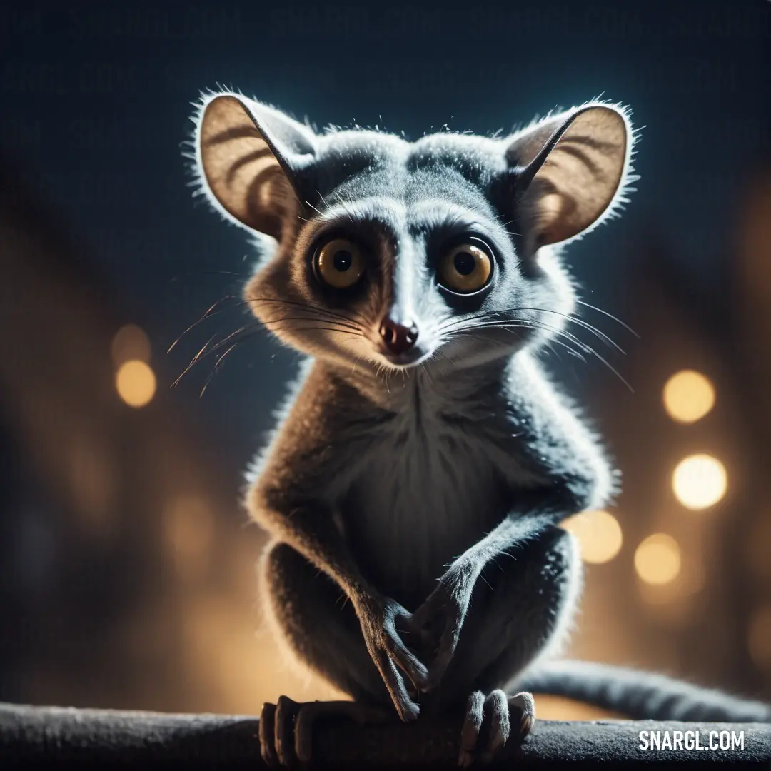 Small Galago on top of a wooden table next to a light filled background