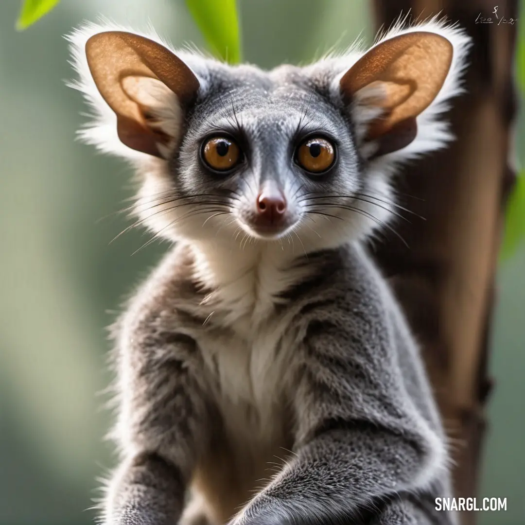 Small Galago with a big brown eye on a tree branch with a leafy background